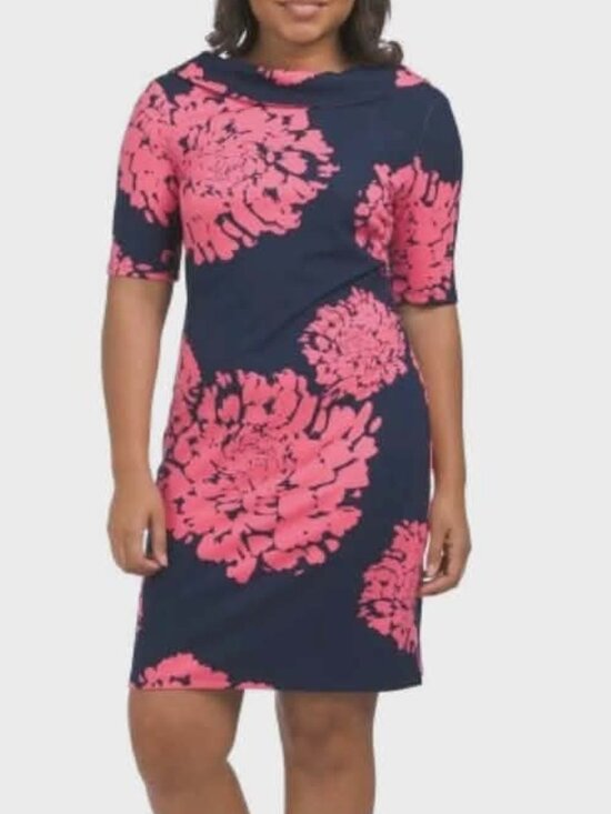 Trina Turk Dresses & Skirts - Trina Turk dress Sz 4 Olinda Blue Pink Floral 3/4 Sleeve Roll Neck Ponte Stretch